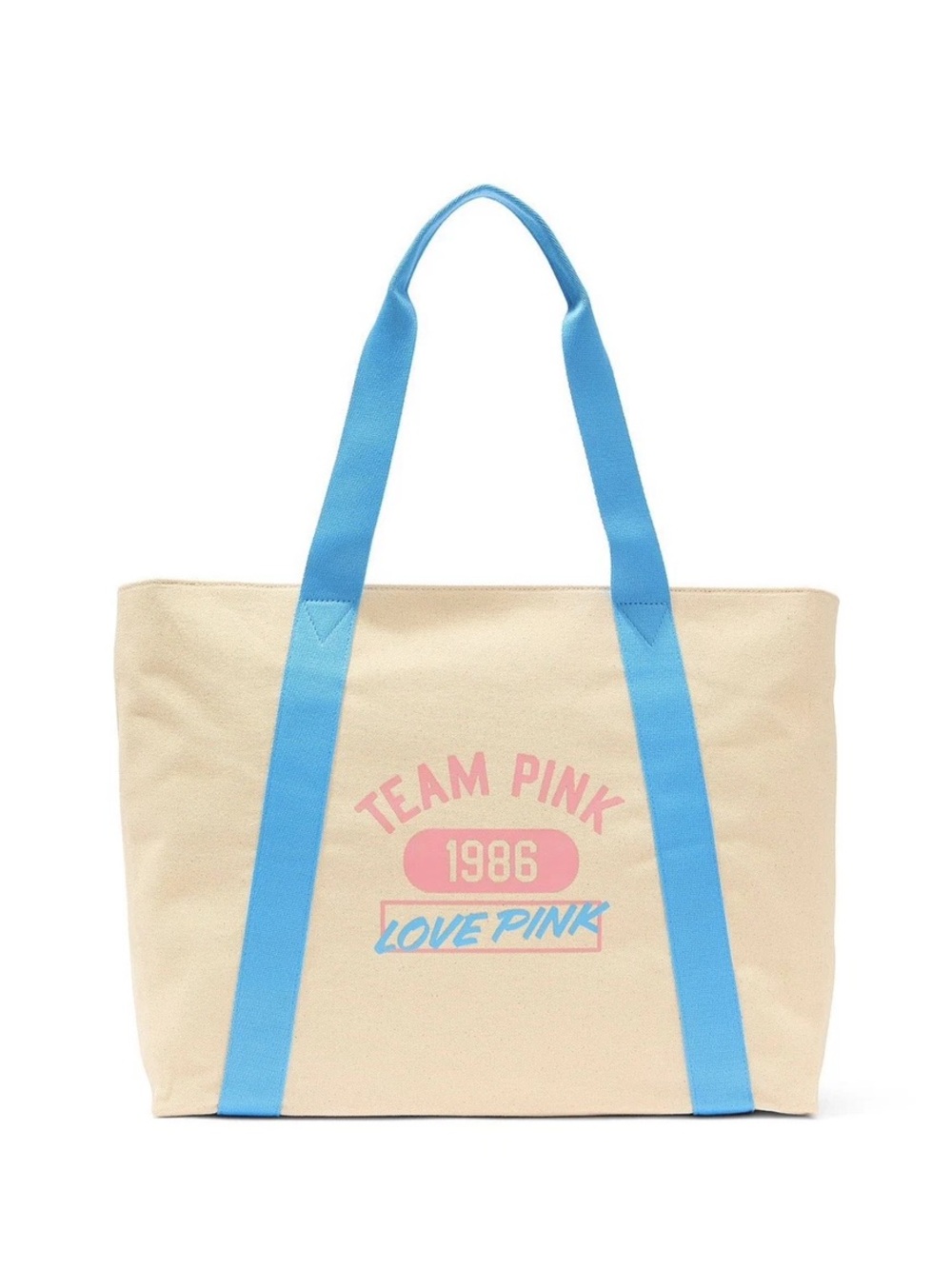 Victoria's Secret Pink Beige Large Canvas Tote Blue Straps Zipper